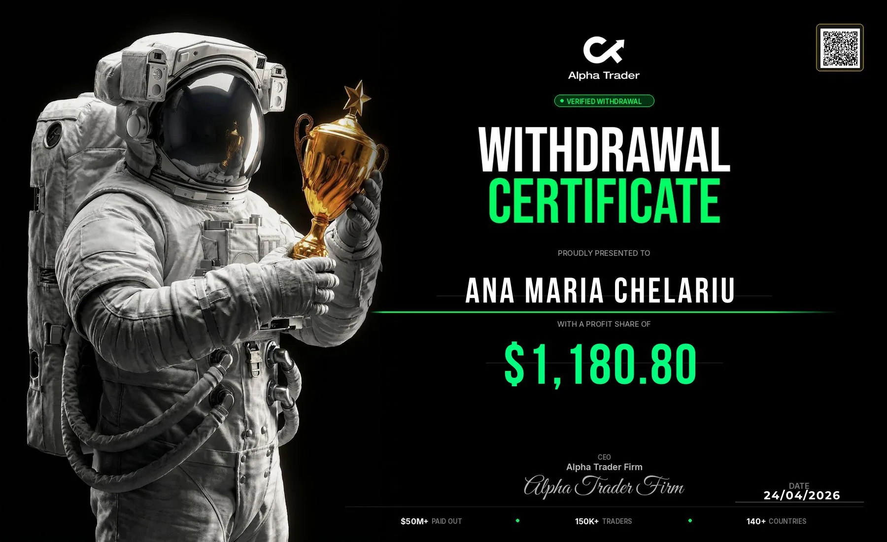 Withdrawal certificate for Ana Maria Chelariu