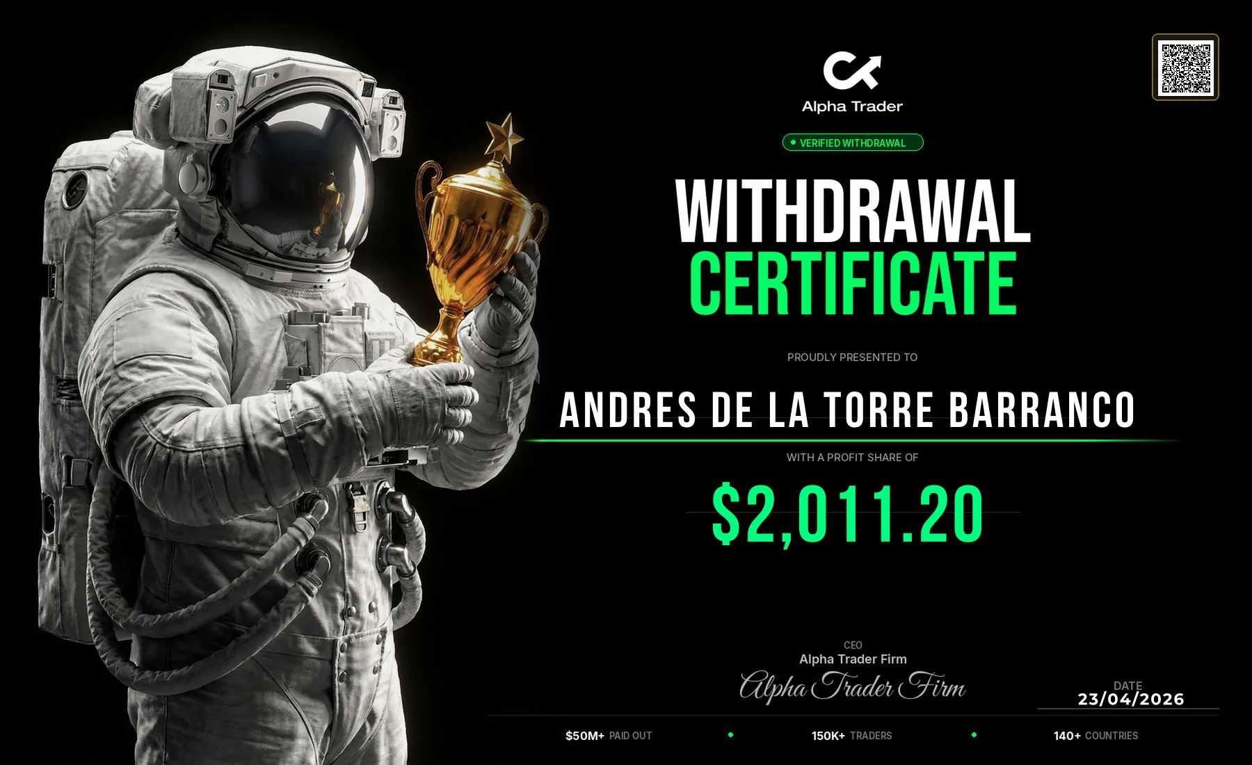 Withdrawal certificate for Andres De La Torre B.