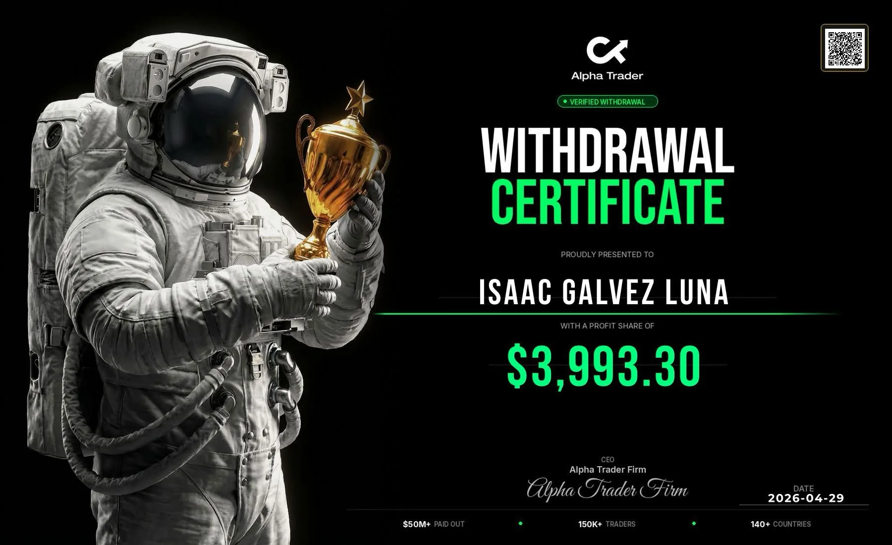 Withdrawal certificate for Isaac Galvez Luna