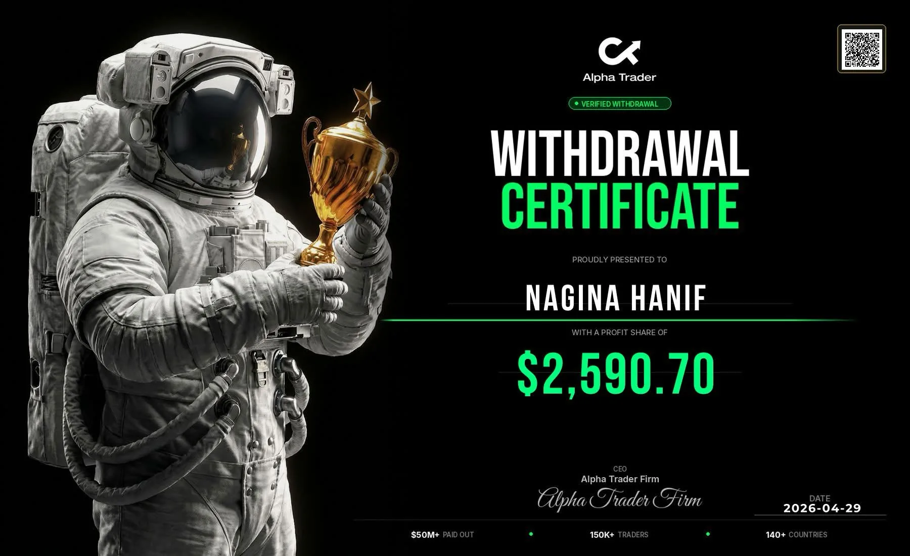 Withdrawal certificate for Nagina Hanif