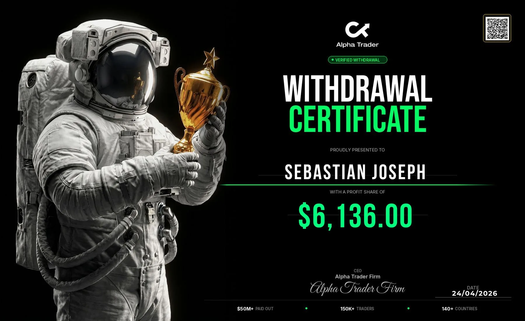 Withdrawal certificate for Sebastian Joseph